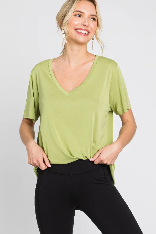 Casual Short Sleeve TopsLight Green V-Neck Relaxed Short Sleeve Top