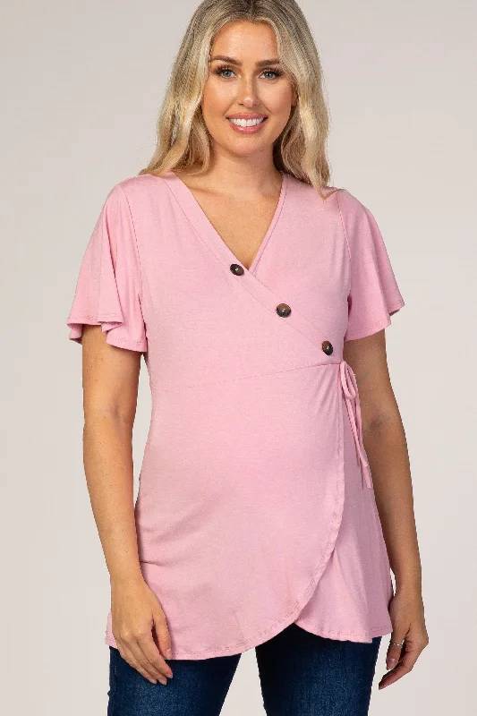 French Terry Short Sleeve TopsPinkBlush Mauve Short Sleeve Button Accent Wrap Maternity/Nursing Top