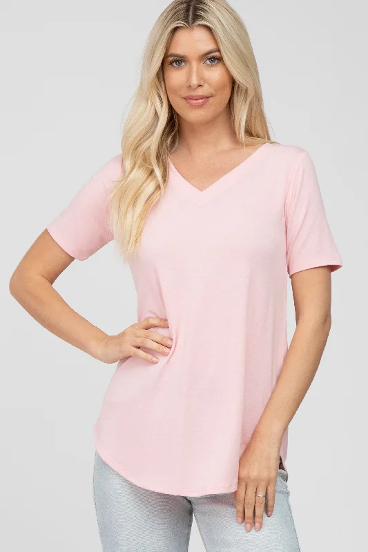 Sleep Short Sleeve TopsLight Pink V-Neck Short Sleeve Round Hem Top