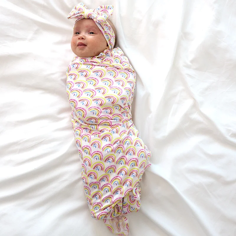 Pastel Rainbows Swaddle & Luxe Bow Headband Set