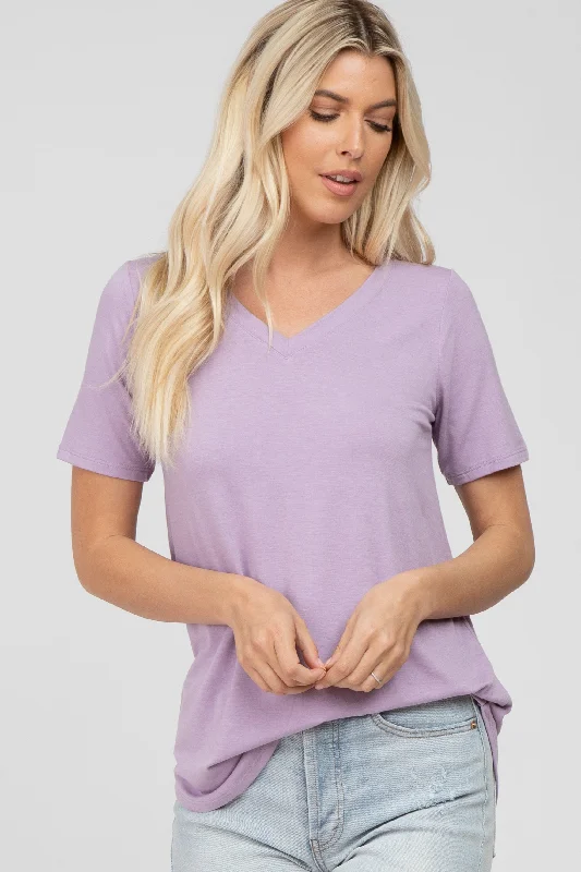 V-Neck Short Sleeve TopsLavender V-Neck Short Sleeve Round Hem Top