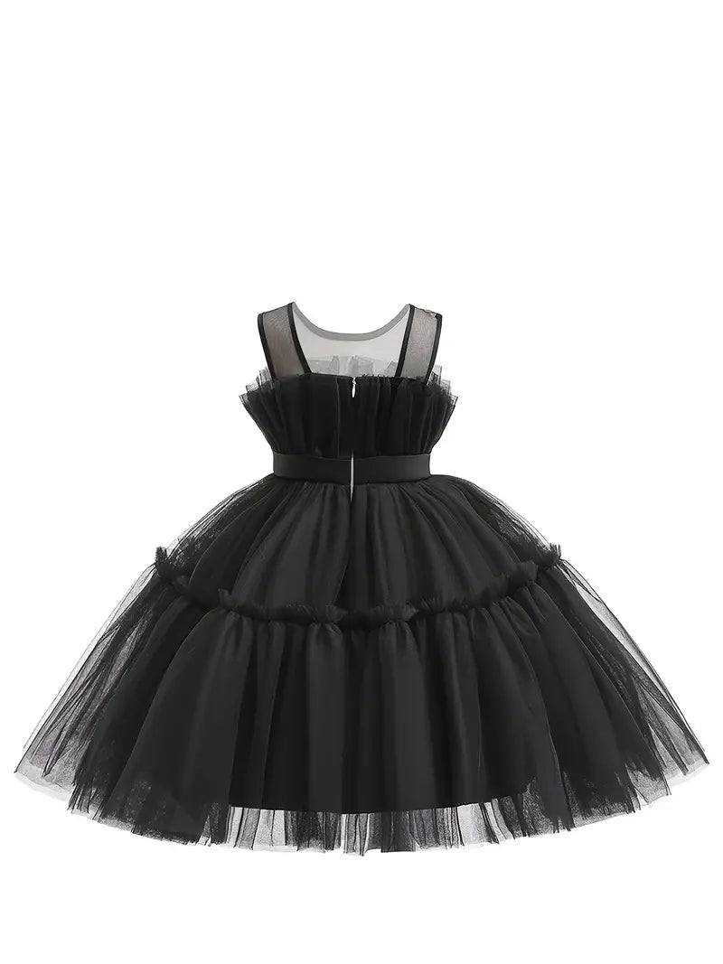 Tulle DressElegant Black Mesh Ruffled Sleeveless Princess Dress - Youth