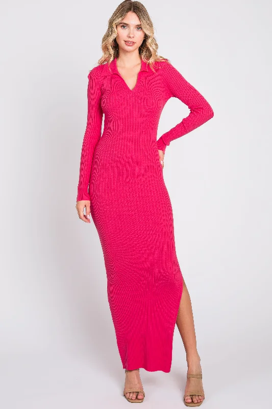 Short-sleeve DressPink Rib Knit Collared Maxi Dress