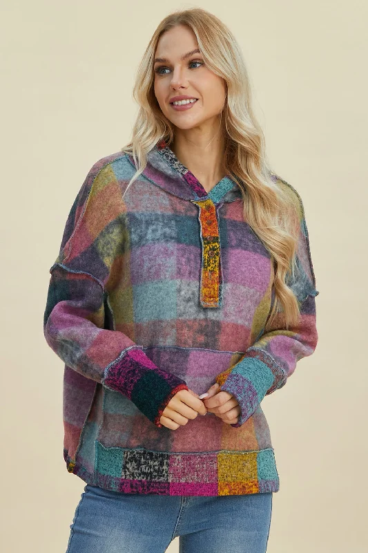 Double Take Full Size Plaid Dropped Shoulder HoodieCamo Hoodies