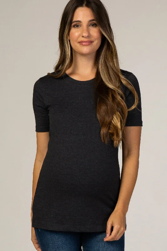 Fitted Short Sleeve TopsCharcoal Crew Neck Short Sleeve Maternity Top