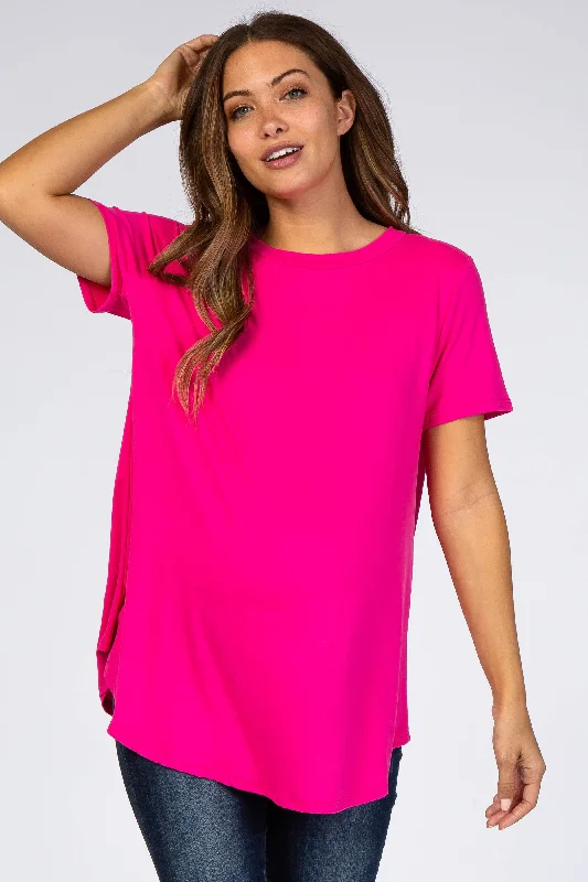 Camping Short Sleeve TopsFuchsia Round Hem Short Sleeve Maternity Top