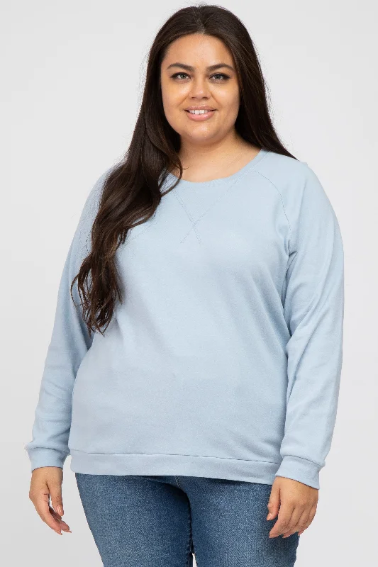 CrewneckcraftLight Blue Crew Neck Long Sleeve Plus Top