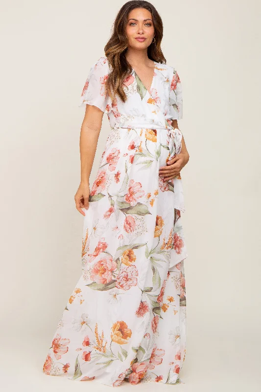 Sheer Short Sleeve TopsIvory Floral Chiffon Wrap Front Short Sleeve Maternity Maxi Dress