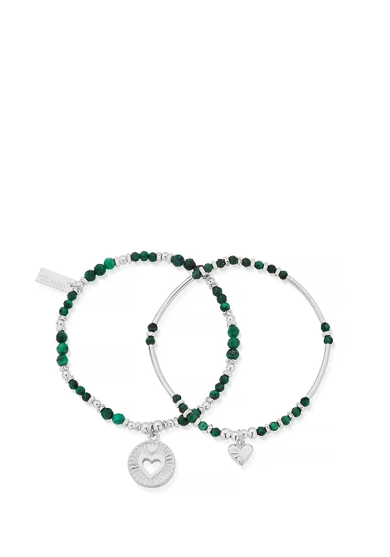 ChloBo Guiding Love Malachite Bracelet Set of 2, Silver