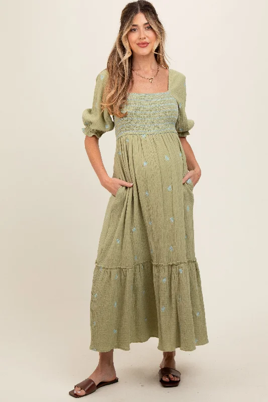 Sequin DressLight Olive Gauze Smocked Embroidered Square Neck Maternity Midi Dress