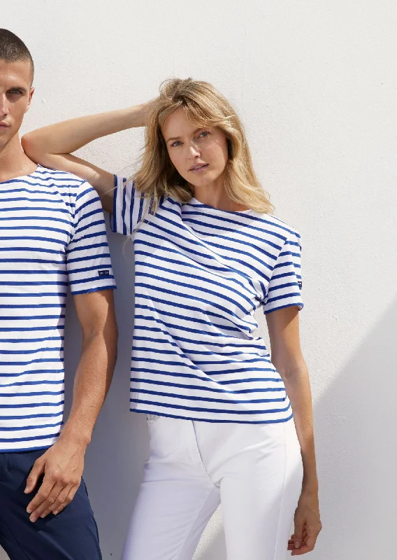 Hemp Short Sleeve TopsLEVANT MODERN - Breton Stripe Short Sleeve Shirt | Soft Cotton | Unisex Fit (WHITE / ROYAL BLUE)