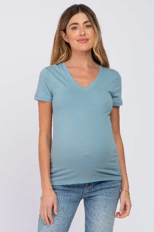 Tie-Dye Short Sleeve TopsBlue V-Neck Short Sleeve Maternity Top