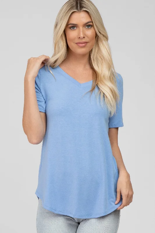 Travel Short Sleeve TopsLight Blue V-Neck Short Sleeve Round Hem Top