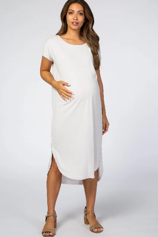 Travel Short Sleeve TopsLight Grey Raw Hem Short Sleeve Maternity Midi Dress