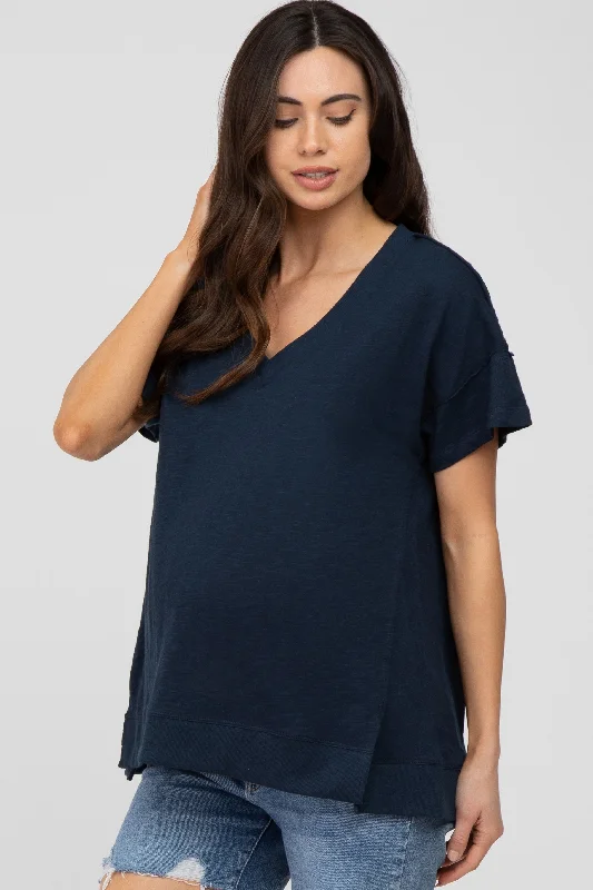 Bamboo Short Sleeve TopsNavy Blue V-Neck Short Sleeve Side Slit Maternity Top