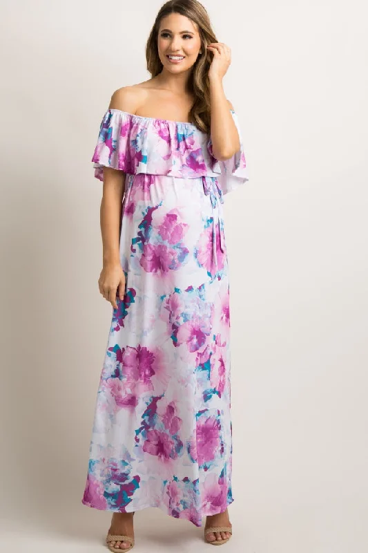 Gypsy DressPinkBlush Ivory Floral Ruffle Sash Tie Maternity Maxi Dress