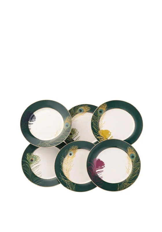 Aynsley Peacock Feather Set of Six Tea Plates, Green Multi