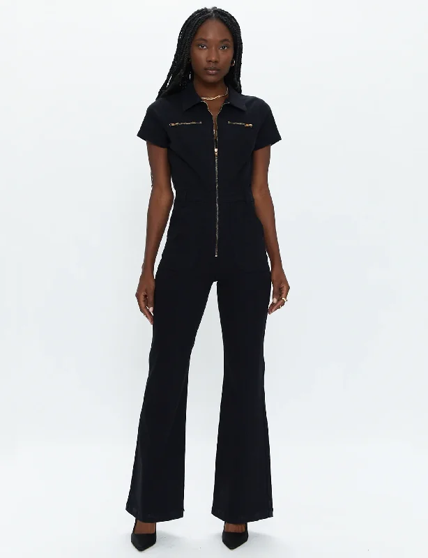 Embroidered Short Sleeve TopsMartina Short Sleeve Flare Jumpsuit, Black