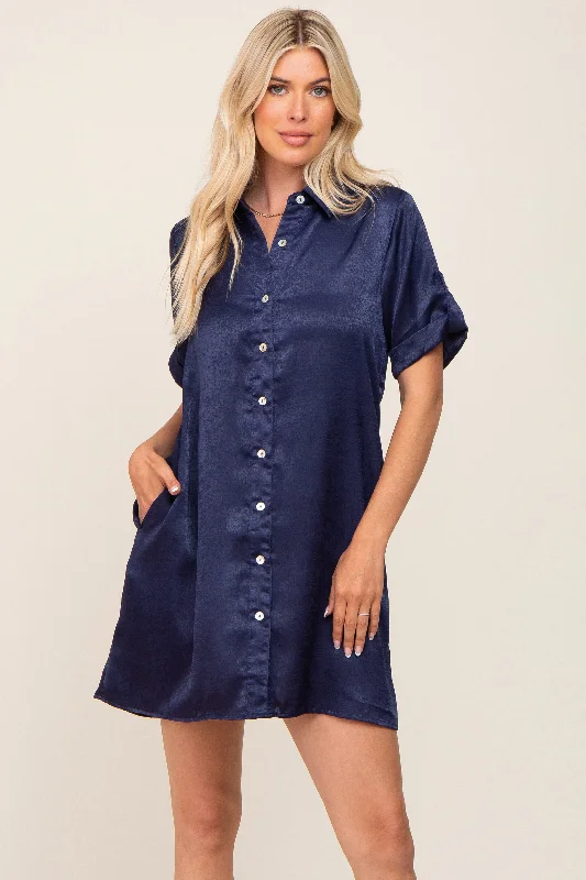 Quick-Dry Short Sleeve TopsNavy Blue Satin Button Front Short Sleeve Dress