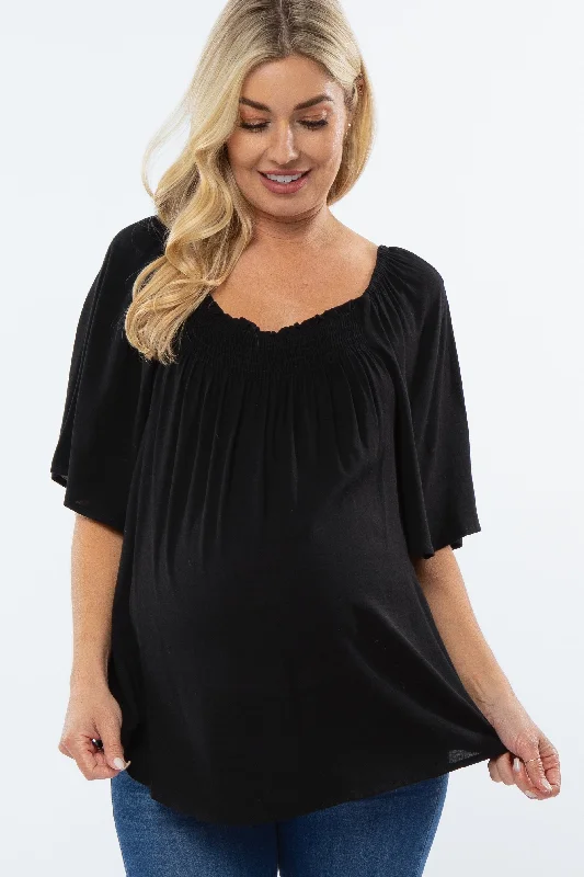 Crewneck Short Sleeve TopsBlack Linen Smocked Short Sleeve Maternity Top