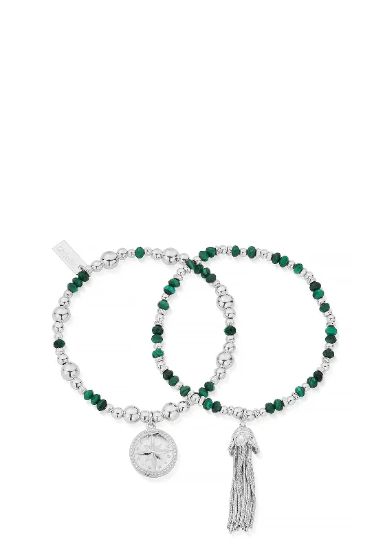 ChloBo Forever Wandering Malachite Bracelet Set of 2, Silver