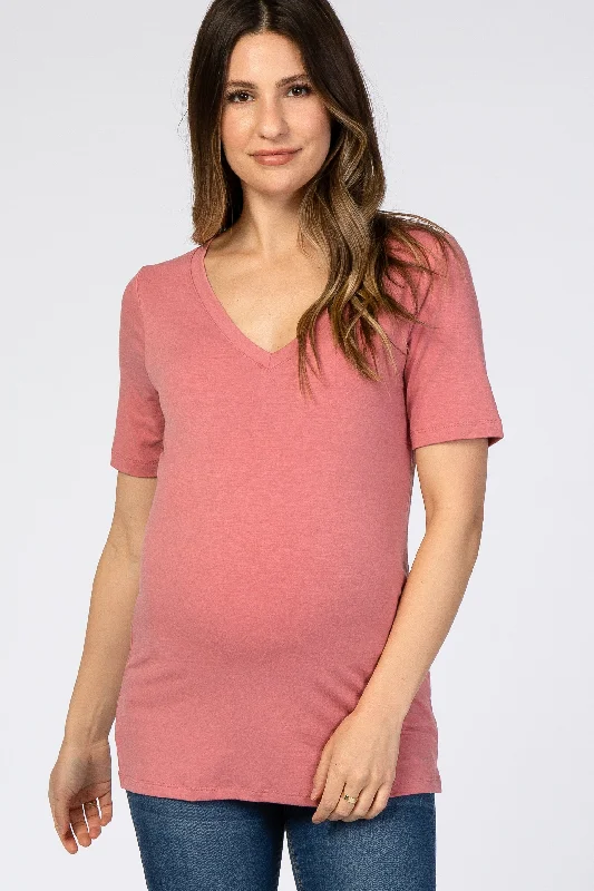 Longline Short Sleeve TopsRose Pink V-Neck Short Sleeve Basic Maternity Top