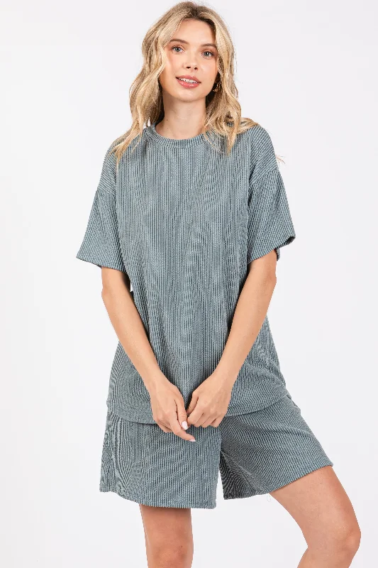 Organic Cotton Short Sleeve TopsTeal Ribbed Short Sleeve Pajama Set