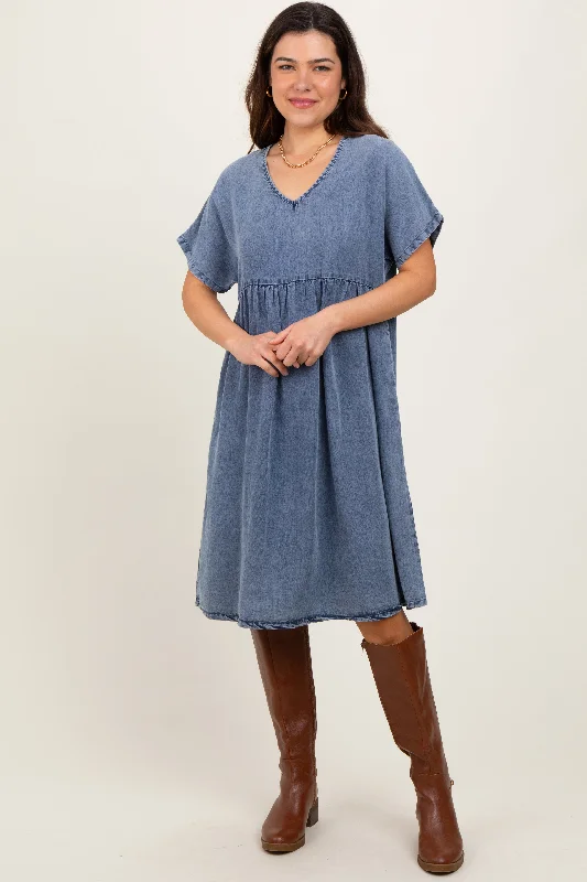 Polyester Short Sleeve TopsBlue Denim V-Neck Short Sleeve Dress