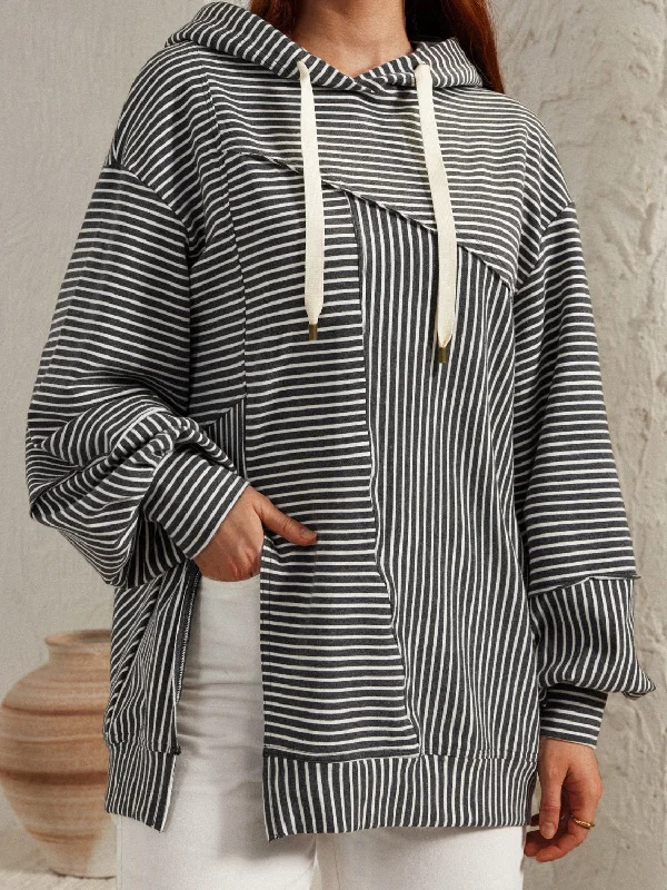 Slit Drawstring Striped Long Sleeve HoodieSherpa-Lined Hoodies