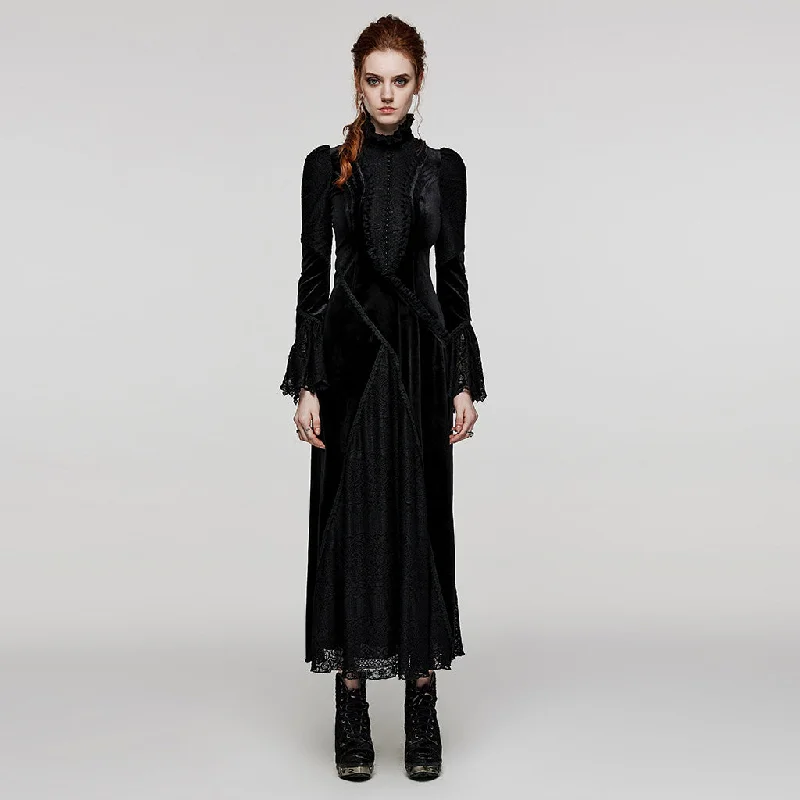 Leather DressRuffled Standing Collar With Flared Sleeves Elastic Velvet And Lace Gothic Daily Dress