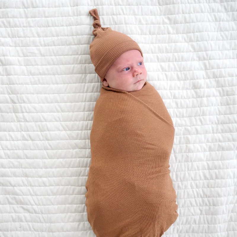 Caramel Ribbed Swaddle & Hat Set