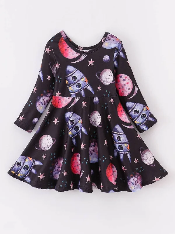 Floral DressGalactic Noir: Black Planet Space Girl Twirl Dress