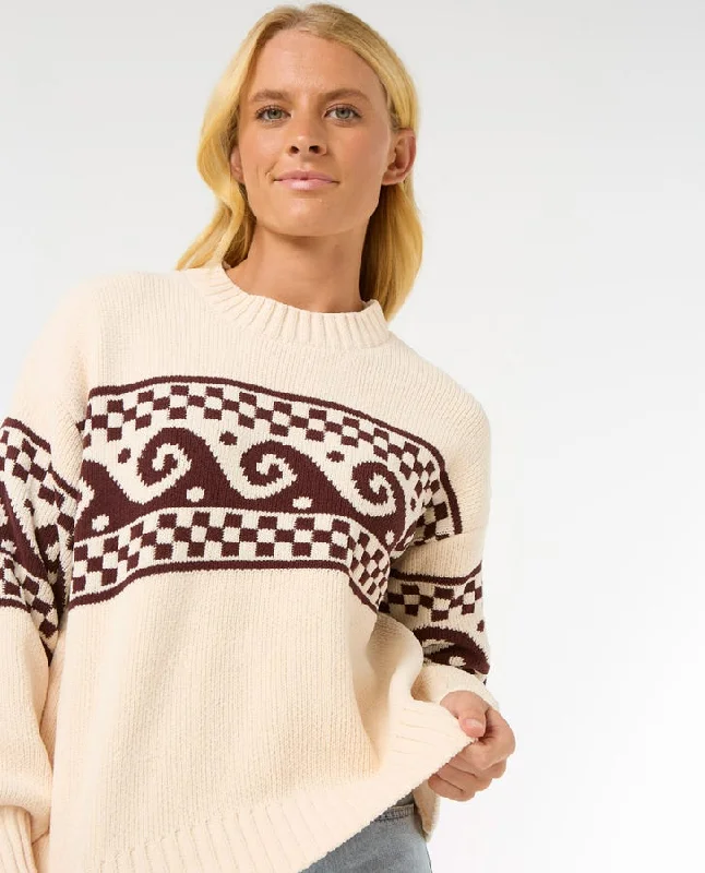 CrewneckknitRip Curl Soleil Knit Crew Sweater-Brown/Off White