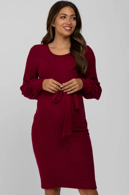 Cocktail DressBurgundy Soft Brushed Waist Tie Bubble Sleeve Maternity Dress