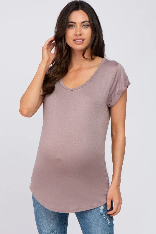 Mesh Short Sleeve TopsMauve Solid Short Sleeve Curved Hem Maternity Top