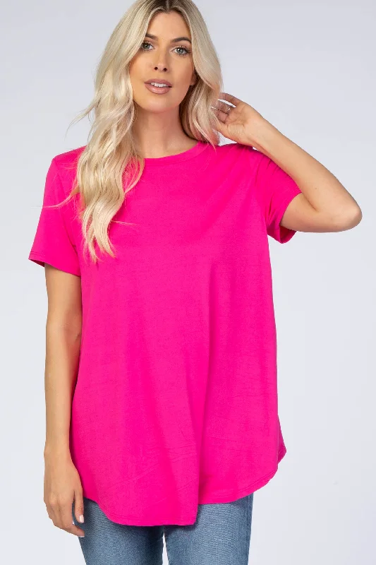 Hiking Short Sleeve TopsFuchsia Round Hem Short Sleeve Top