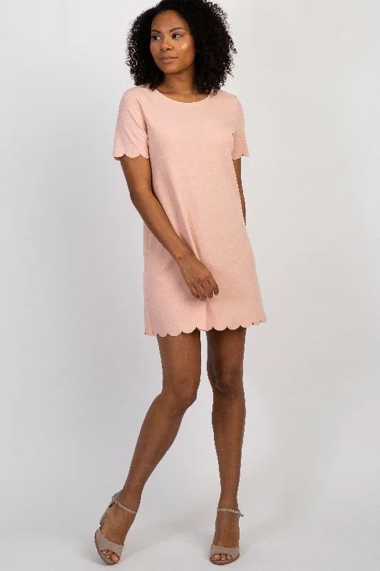 Band Merch Short Sleeve TopsLight Pink Short Sleeve Scalloped Trim Dress