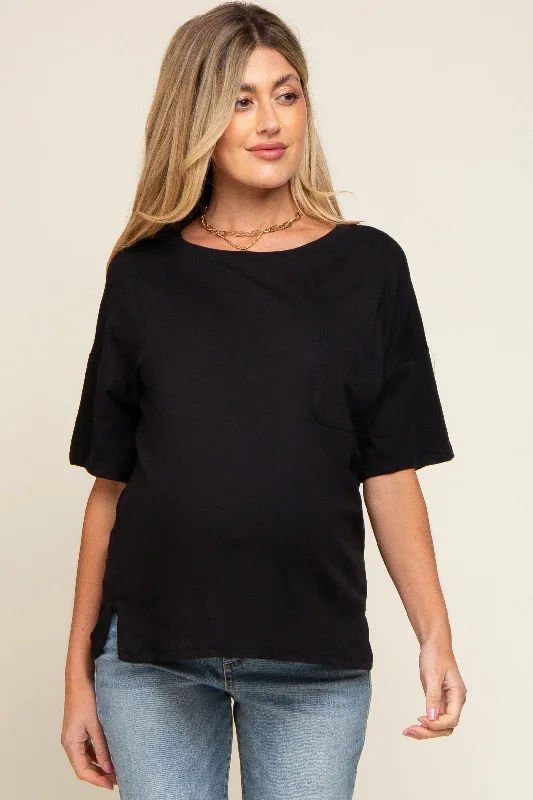 Skateboard Short Sleeve TopsBlack Short Sleeve Pocketed Maternity Top