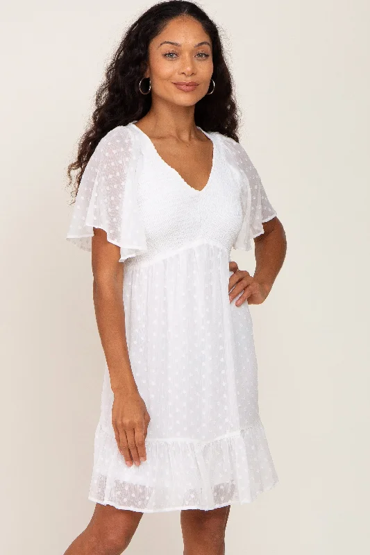 Urban Short Sleeve TopsWhite Swiss Dot Chiffon Smocked Short Sleeve Dress