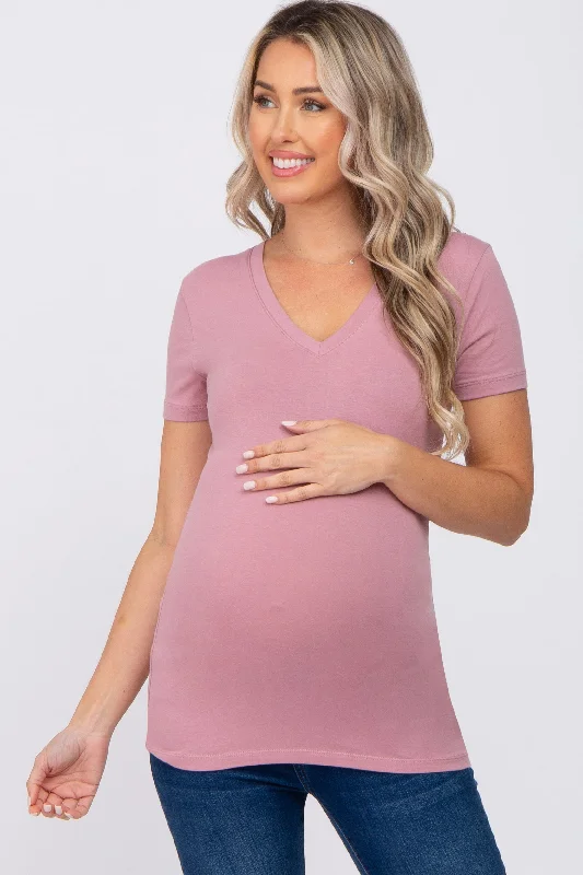 Performance Short Sleeve TopsMauve V-Neck Short Sleeve Maternity Top