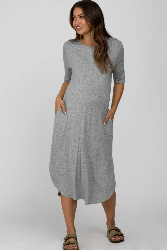 Relaxed Fit Short Sleeve TopsHeather Grey Round Hem Short Sleeve Maternity Midi Dress