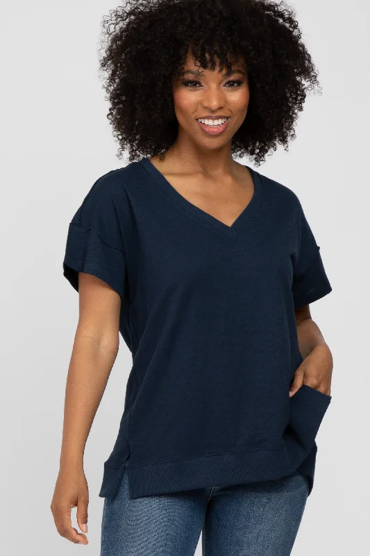 Linen Short Sleeve TopsNavy Blue V-Neck Short Sleeve Side Slit Top