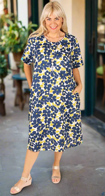 Prairie DressRosie Round Neck Dress Navy and Lime Cotton