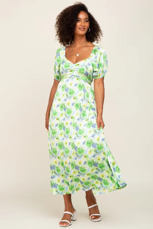 Athletic Short Sleeve TopsBlue Floral Satin Ruched V-Neck Puff Short Sleeve Maxi Dress