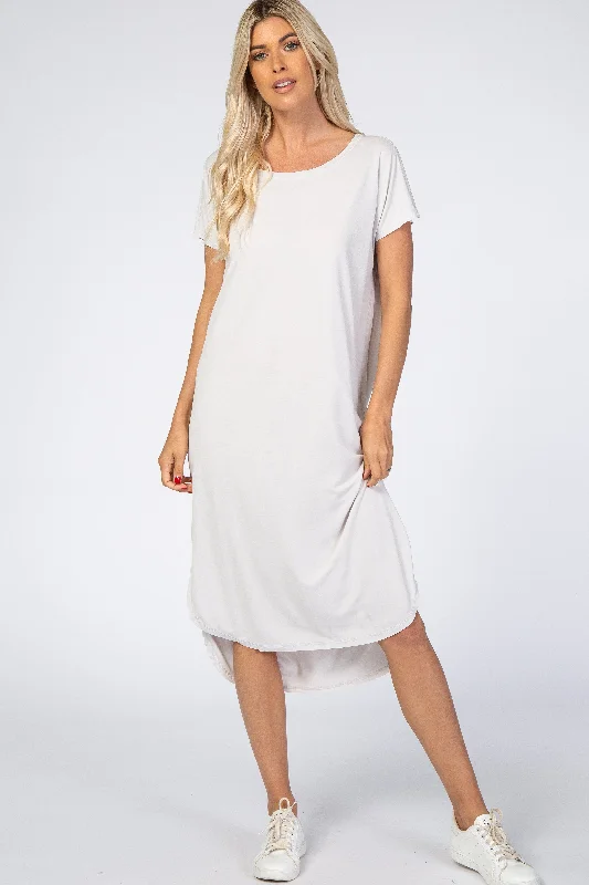 Off-Shoulder Short Sleeve TopsLight Grey Raw Hem Short Sleeve Midi Dress