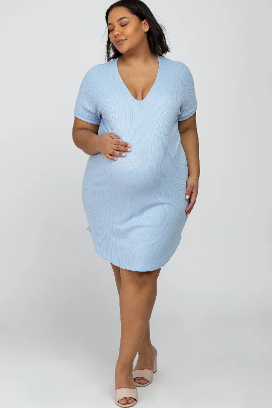 Casual Short Sleeve TopsLight Blue Ribbed Short Sleeve Maternity Plus Dress