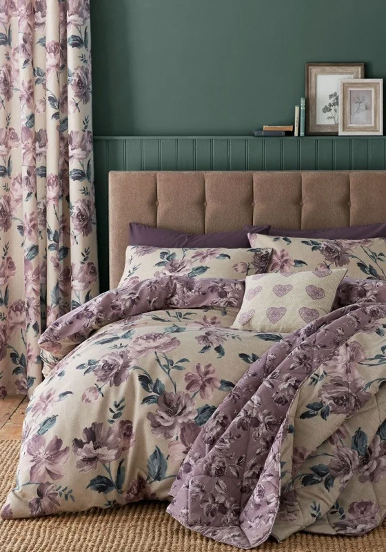 Catherine Lansfield Painted Floral King Duvet Set, Plum