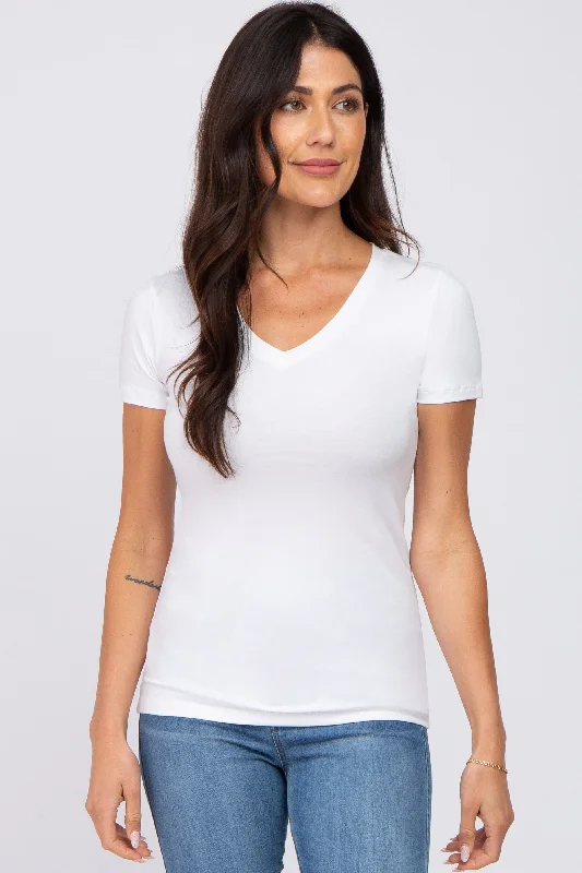 Fitted Short Sleeve TopsWhite V-Neck Short Sleeve Top