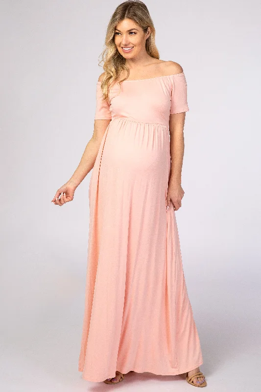 High-Fashion Short Sleeve TopsPinkBlush Light Pink Off The Shoulder Short Sleeve Maternity Maxi Dress