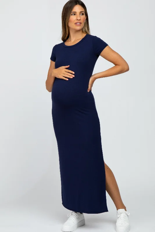 Cropped Short Sleeve TopsNavy Blue Short Sleeve Side Slit Maternity Maxi Dress